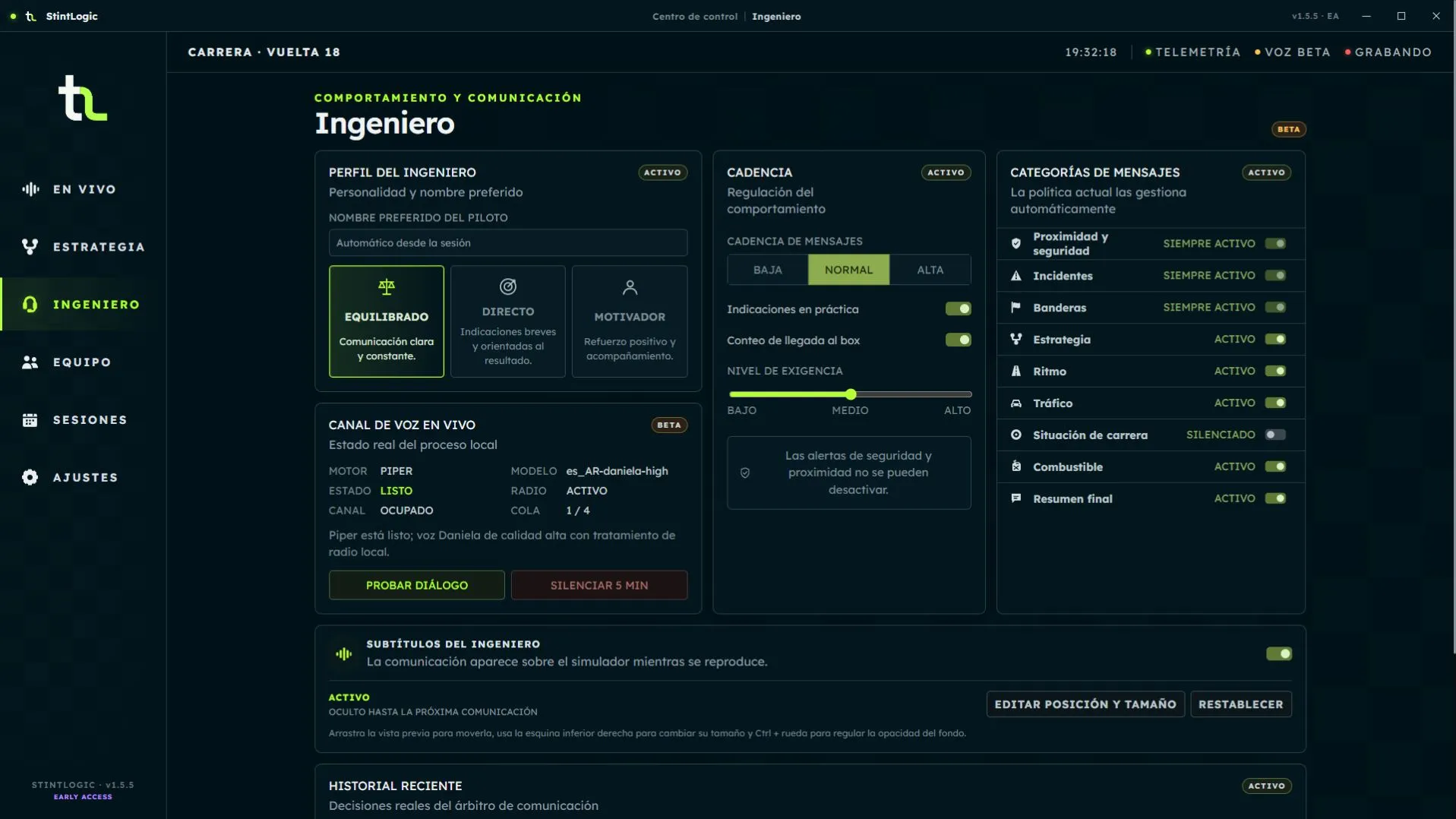 Profile, cadence, categories and pit box arrival countdown control. Spanish interface with sample data.