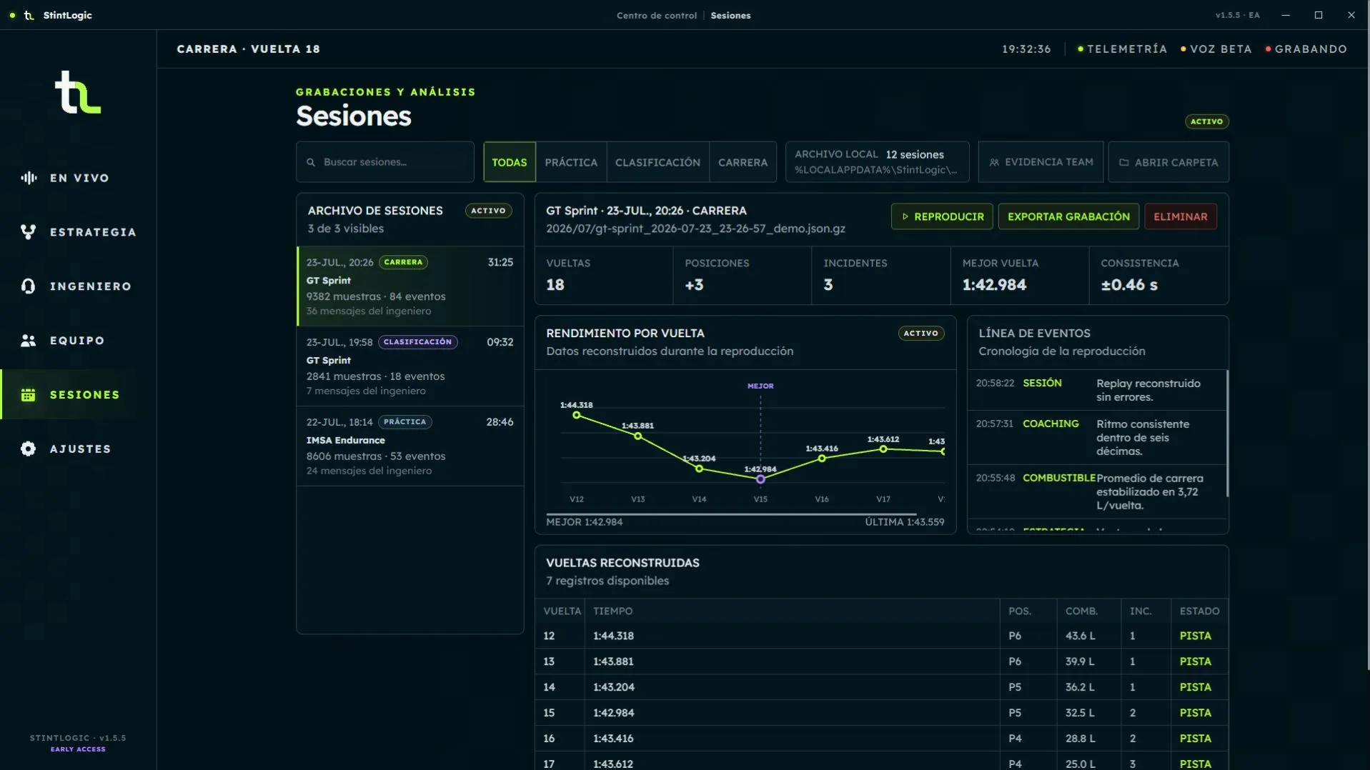 Demo archive, replay, export, performance and event timeline. Spanish interface with sample data.