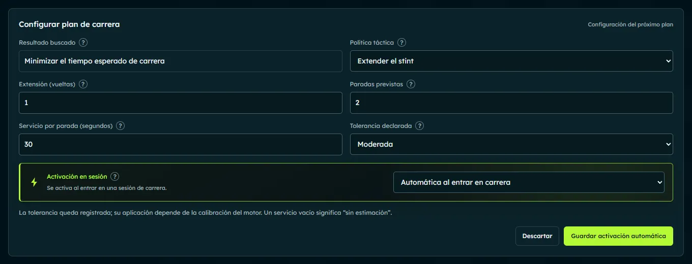 Editor with desired outcome, tactical policy, stops, service and session activation. Spanish interface with sample data.